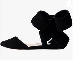 FSJ Black Pointed Toe D'Orsay Ankle Strap Ballet Flats Shoes Large Side Bow Shoe